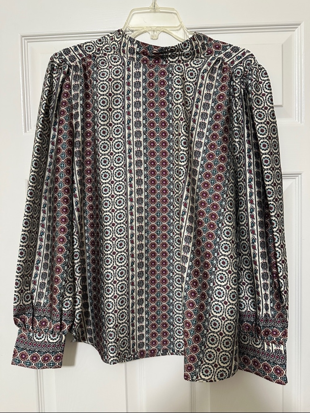 LOFT Geometric-Print Long-Sleeve Blouse with Bow at Back of Neck